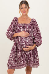 Plum Floral Square Neck Bubble Sleeve Maternity Dress
