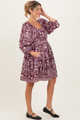 Plum Floral Square Neck Bubble Sleeve Maternity Dress