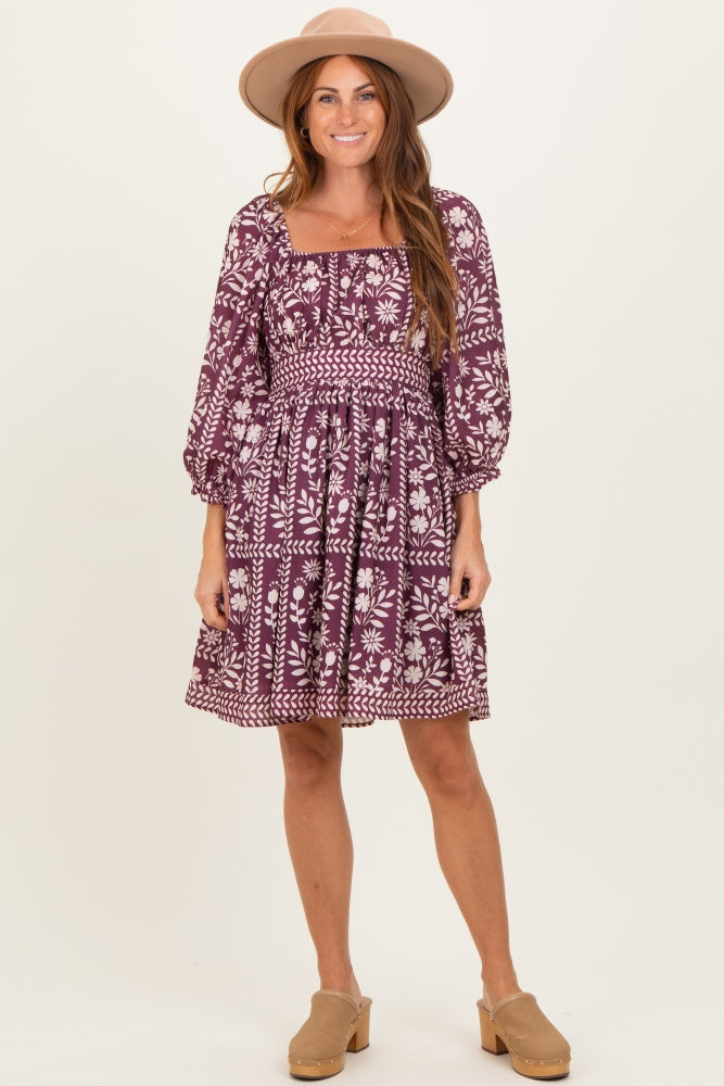 Plum Floral Square Neck Bubble Sleeve Dress