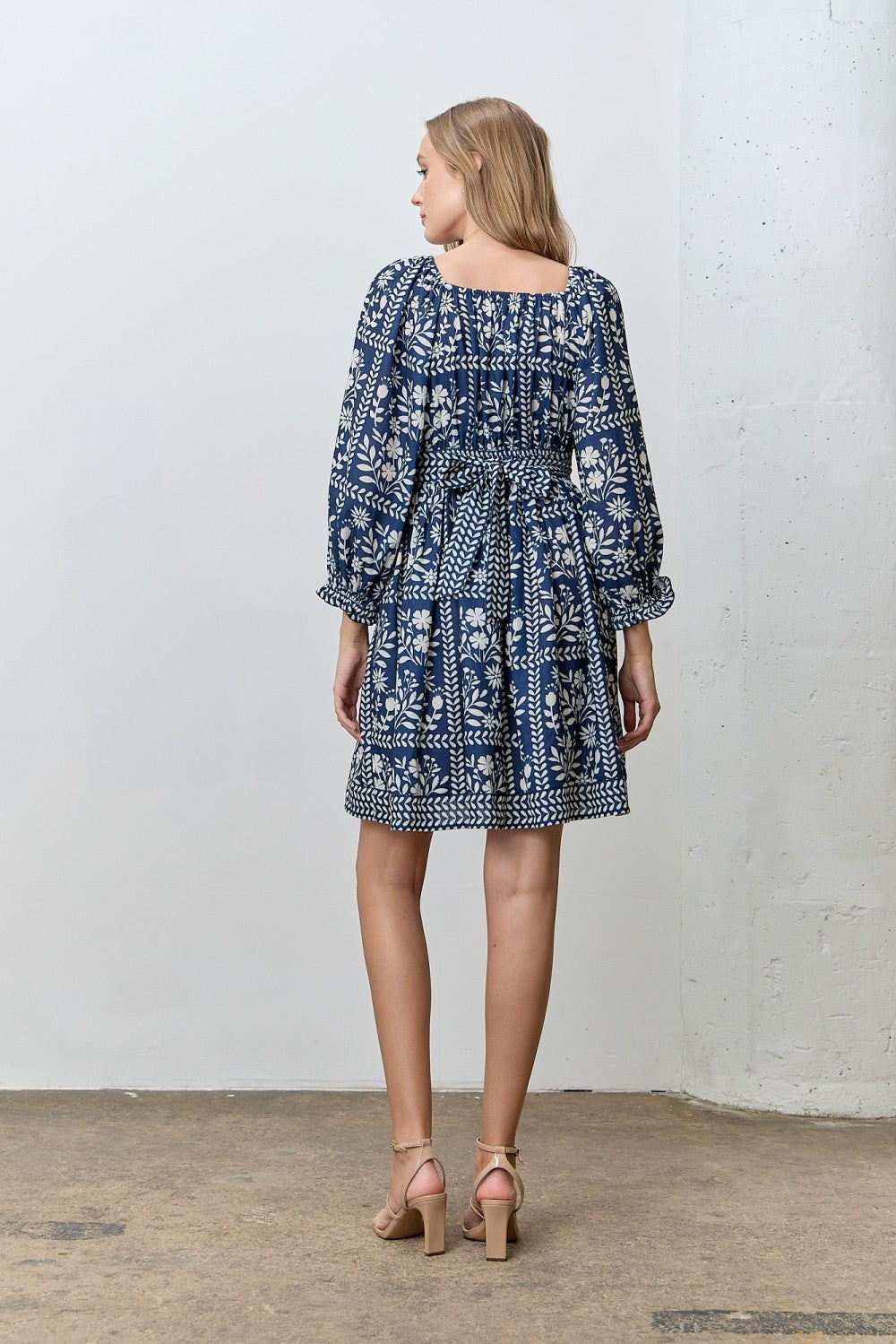 Light Navy Floral Square Neck Bubble Sleeve Dress