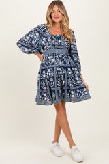 Light Navy Floral Square Neck Bubble Sleeve Maternity Dress