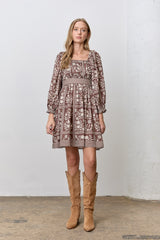 Brown Floral Square Neck Bubble Sleeve Dress
