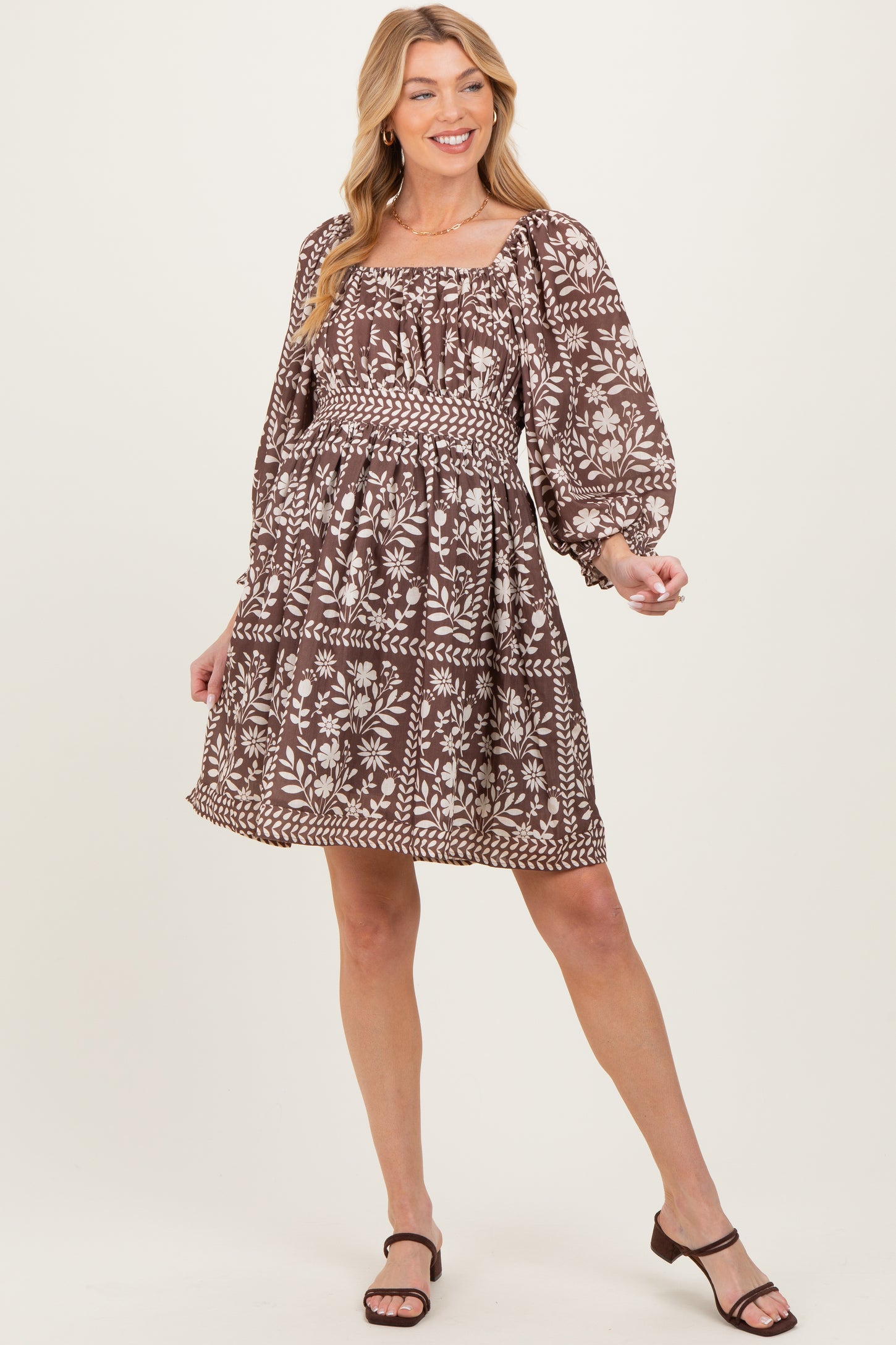 Brown Floral Square Neck Bubble Sleeve Maternity Dress