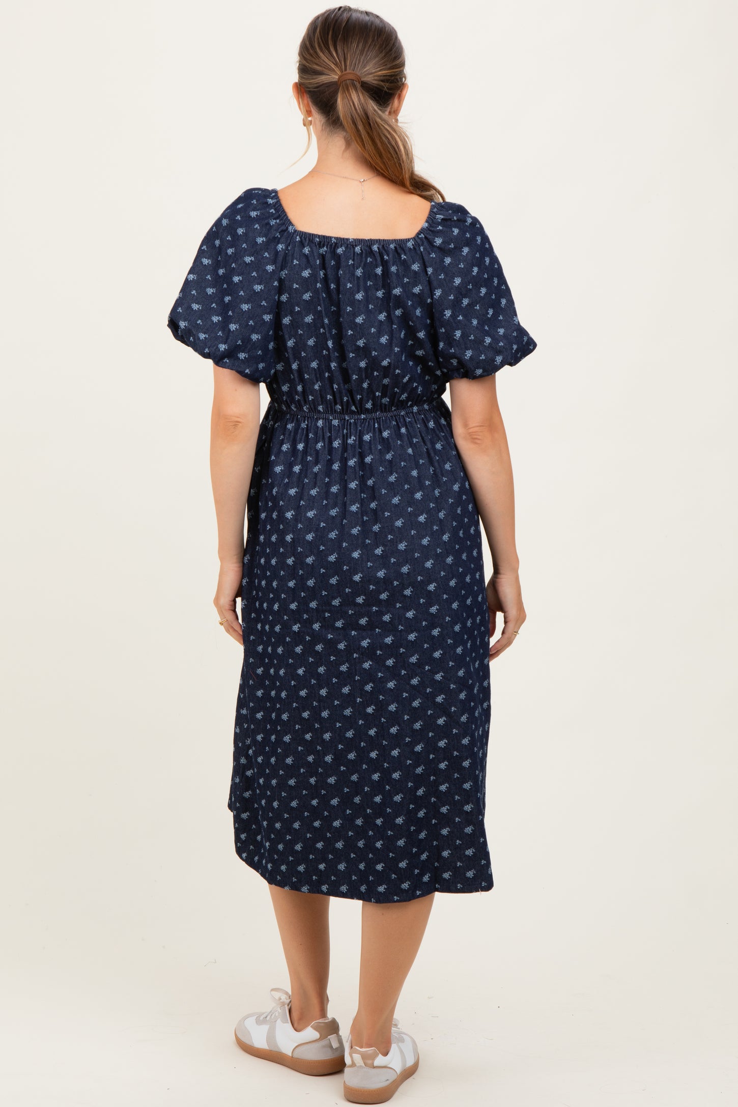 Navy Blue Floral Jacquard Denim Maternity Dress