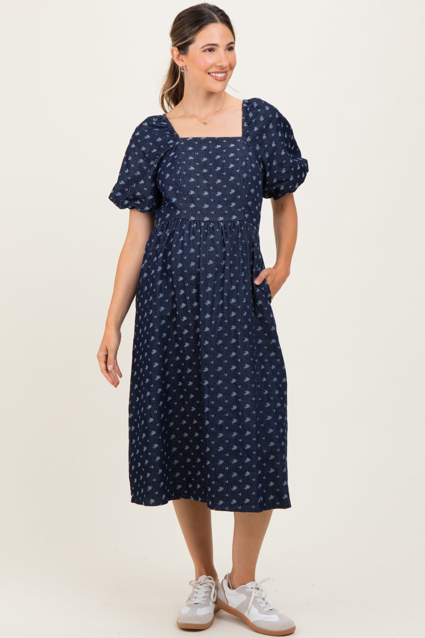 Navy Blue Floral Jacquard Denim Maternity Dress