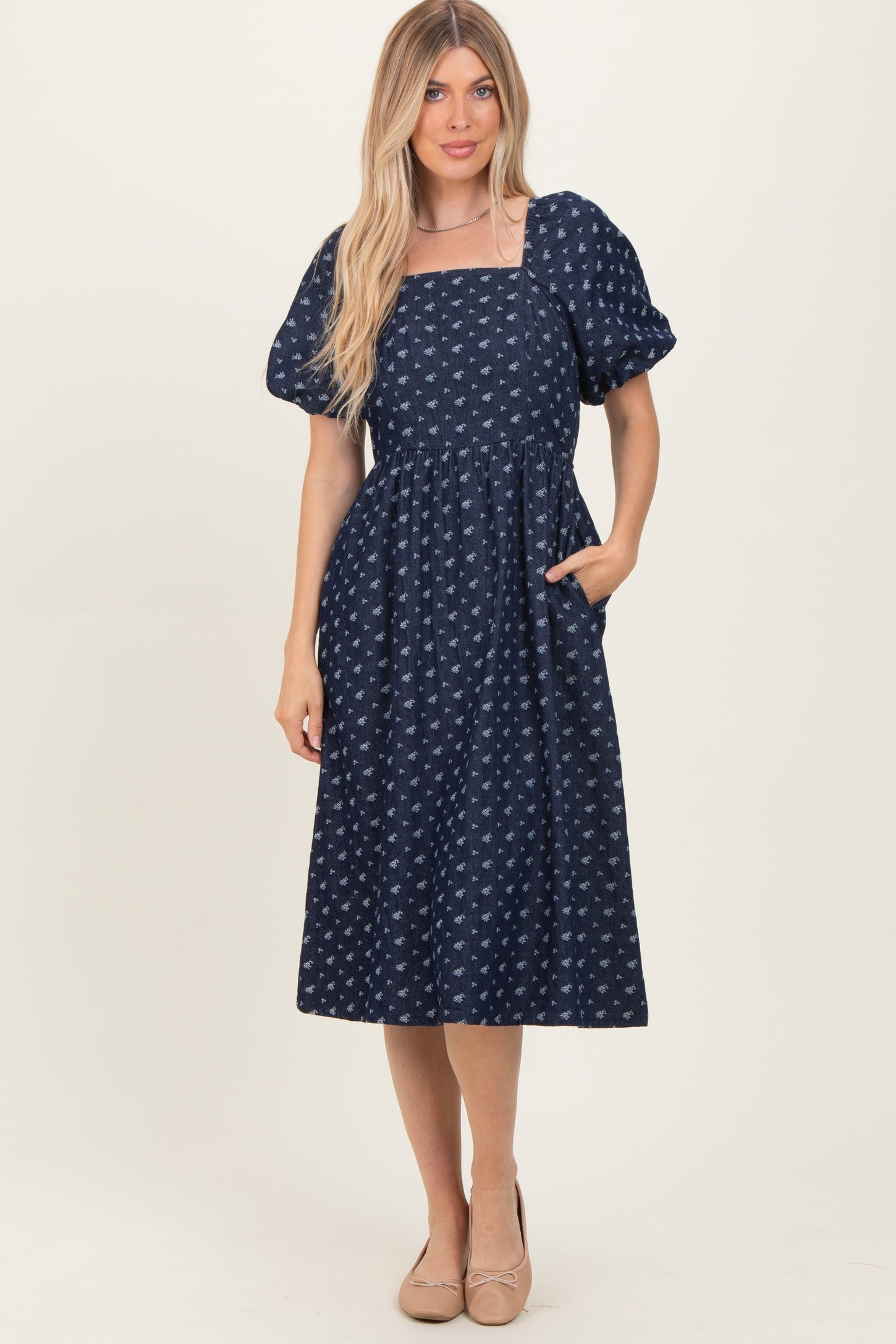 Navy Blue Floral Jacquard Denim Dress