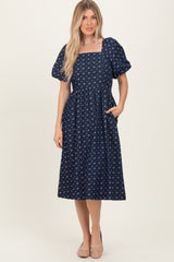 Navy Blue Floral Jacquard Denim Dress