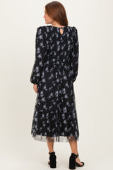 Black Floral Mesh Smocked Midi Dress