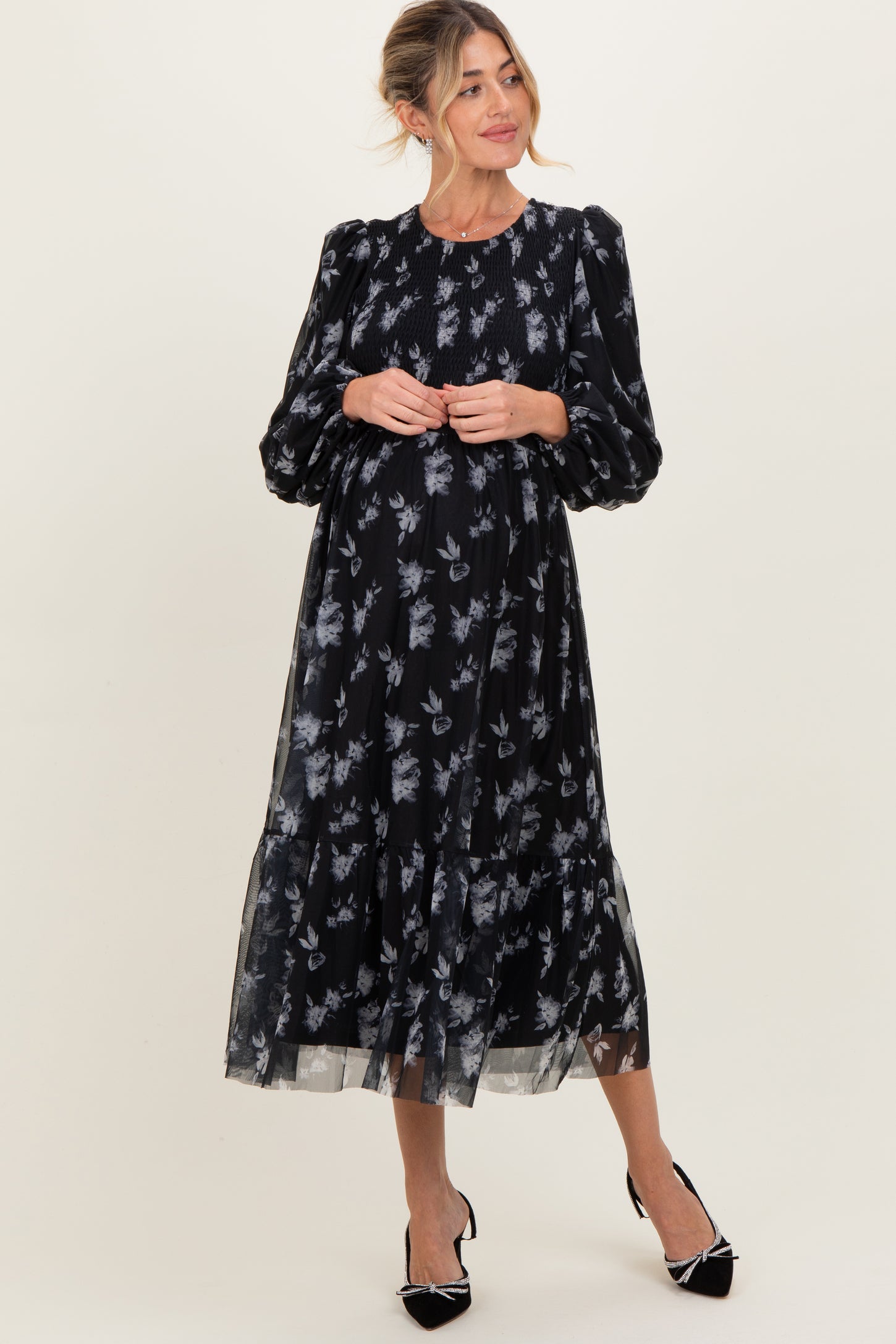 Black Floral Mesh Smocked Maternity Midi Dress