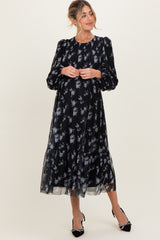 Black Floral Mesh Smocked Maternity Midi Dress