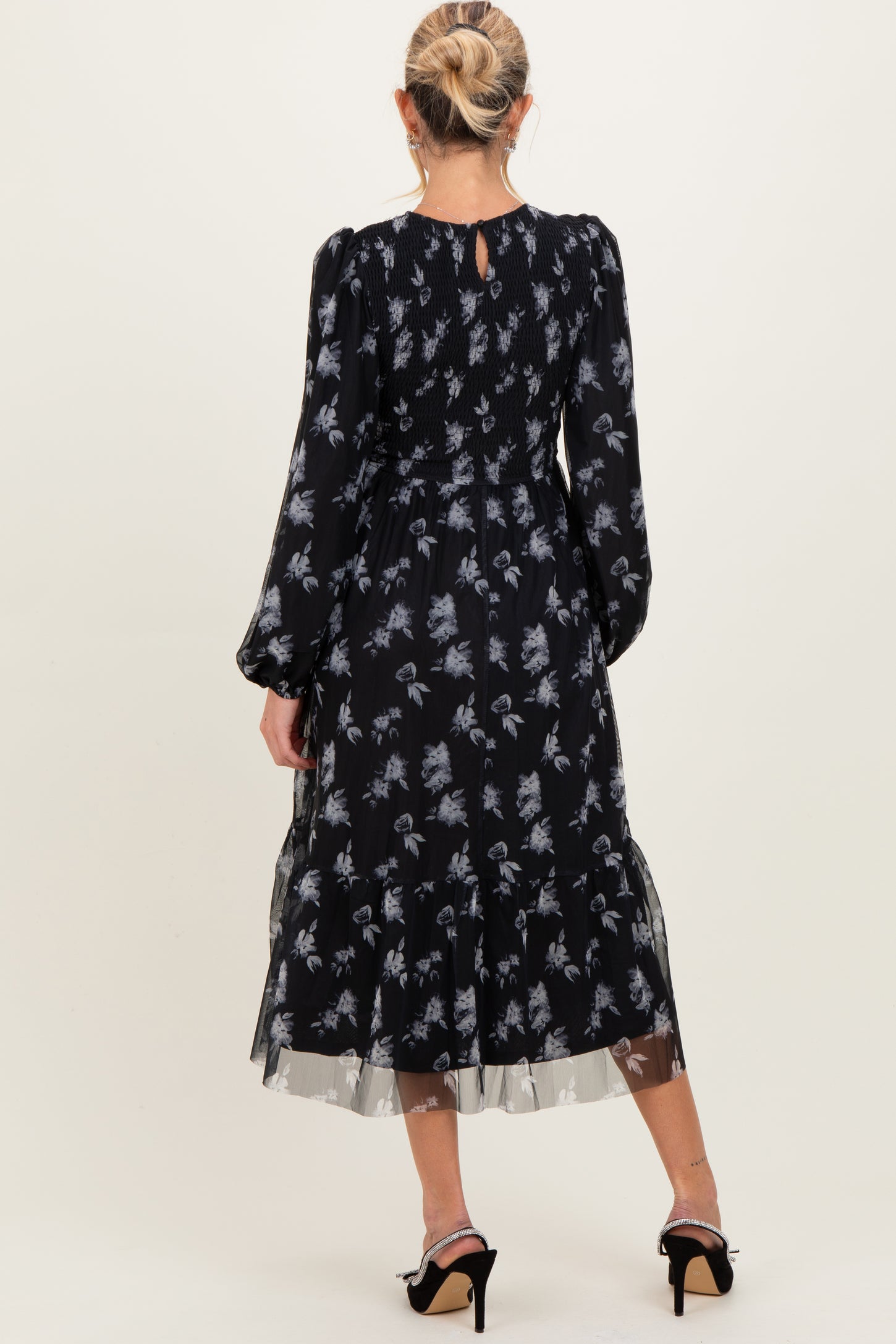 Black Floral Mesh Smocked Maternity Midi Dress