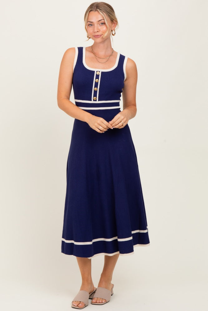 Navy Ribbed Knit Button Accent Sleeveless Maternity Midi Dress