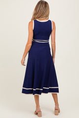 Navy Ribbed Knit Button Accent Sleeveless Maternity Midi Dress