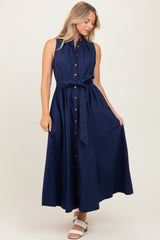Navy Button Down Sleeveless Maternity Shirt Dress