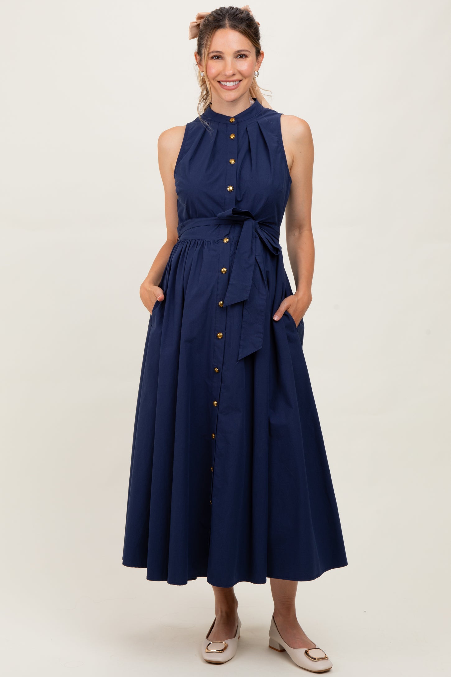 Navy Button Down Sleeveless Maternity Shirt Dress