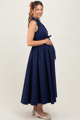 Navy Button Down Sleeveless Maternity Shirt Dress