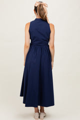 Navy Button Down Sleeveless Maternity Shirt Dress