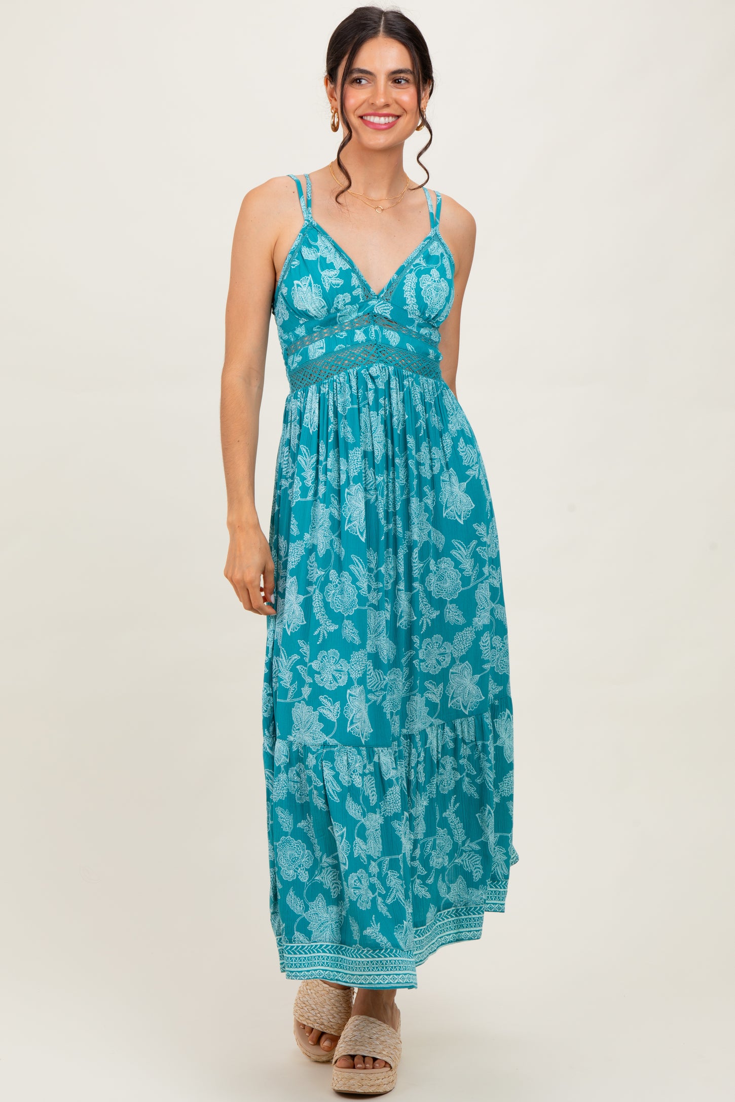 Teal Floral V-Neck Lace Trim Maxi Dress