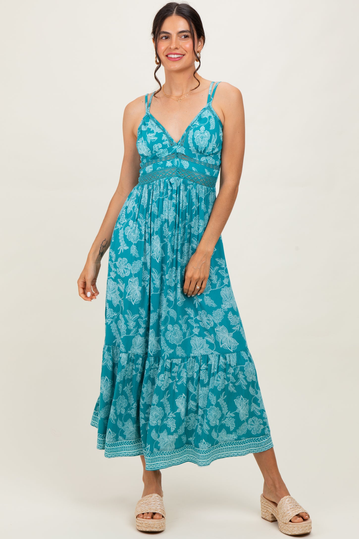 Teal Floral V-Neck Lace Trim Maxi Dress