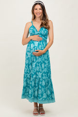 Teal Floral V-Neck Lace Trim Maternity Maxi Dress