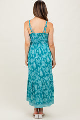 Teal Floral V-Neck Lace Trim Maternity Maxi Dress