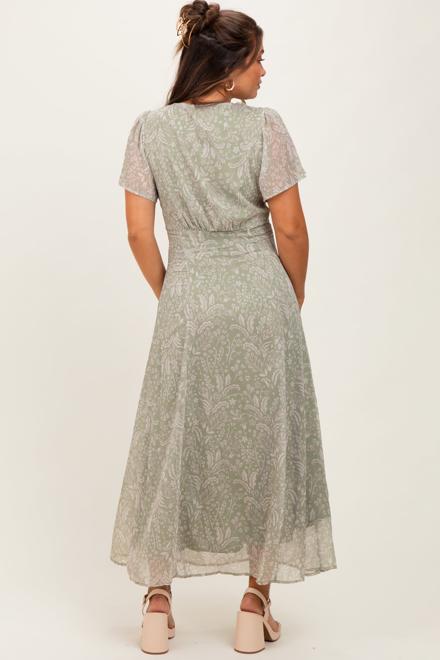 Light Olive Floral Chiffon V-Neck Maternity Maxi Dress