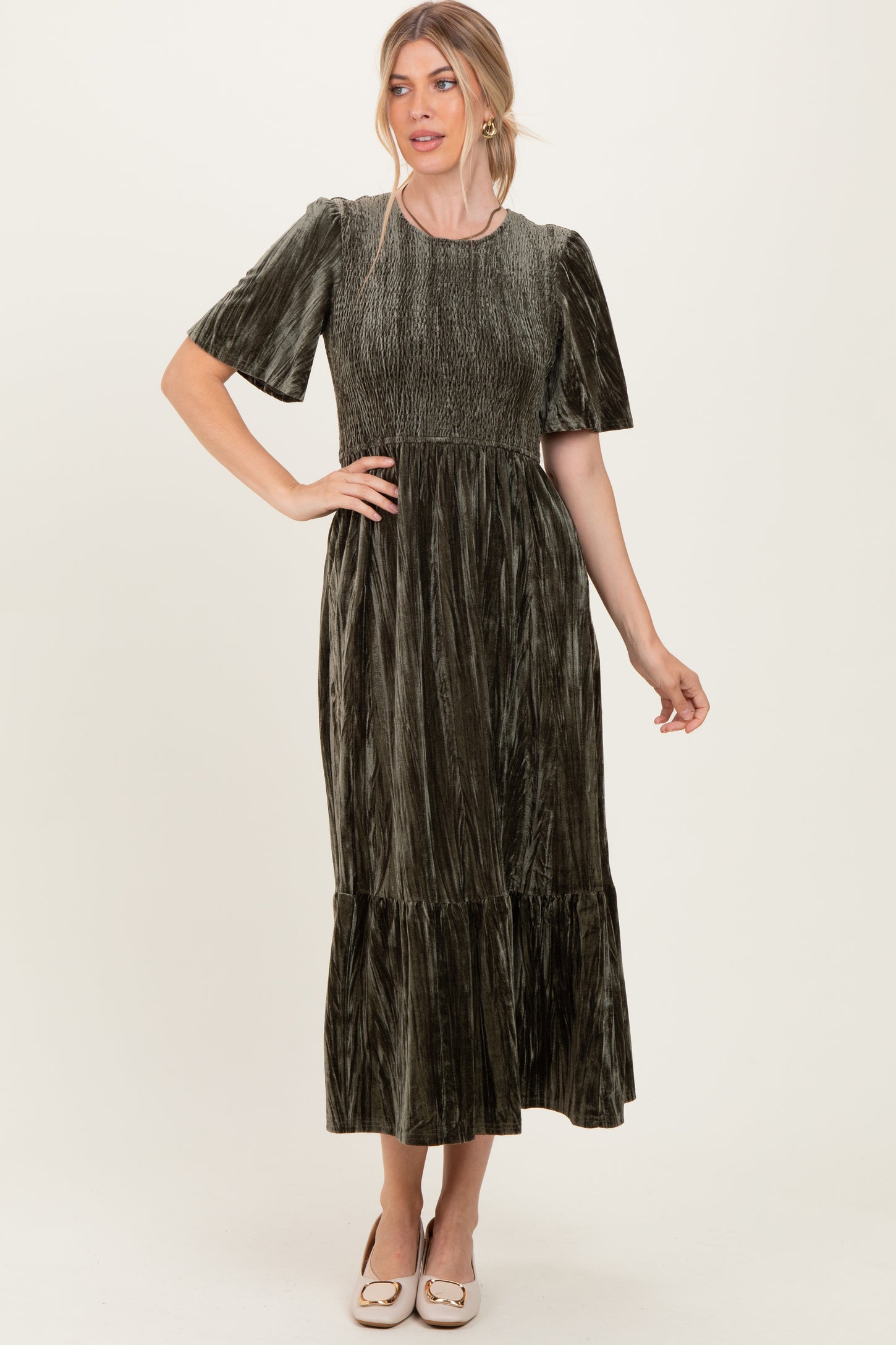Olive Smocked Velvet MIdi Dress