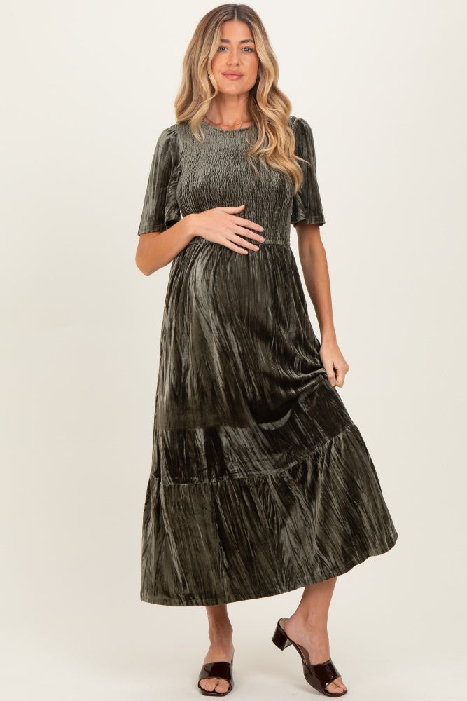 velvet midi dress green Olive Smocked Maternity – PinkBlush The David's Bridal Collection: Kid Size:6T Luxe velvet fabric shapes Modern mermaid dress