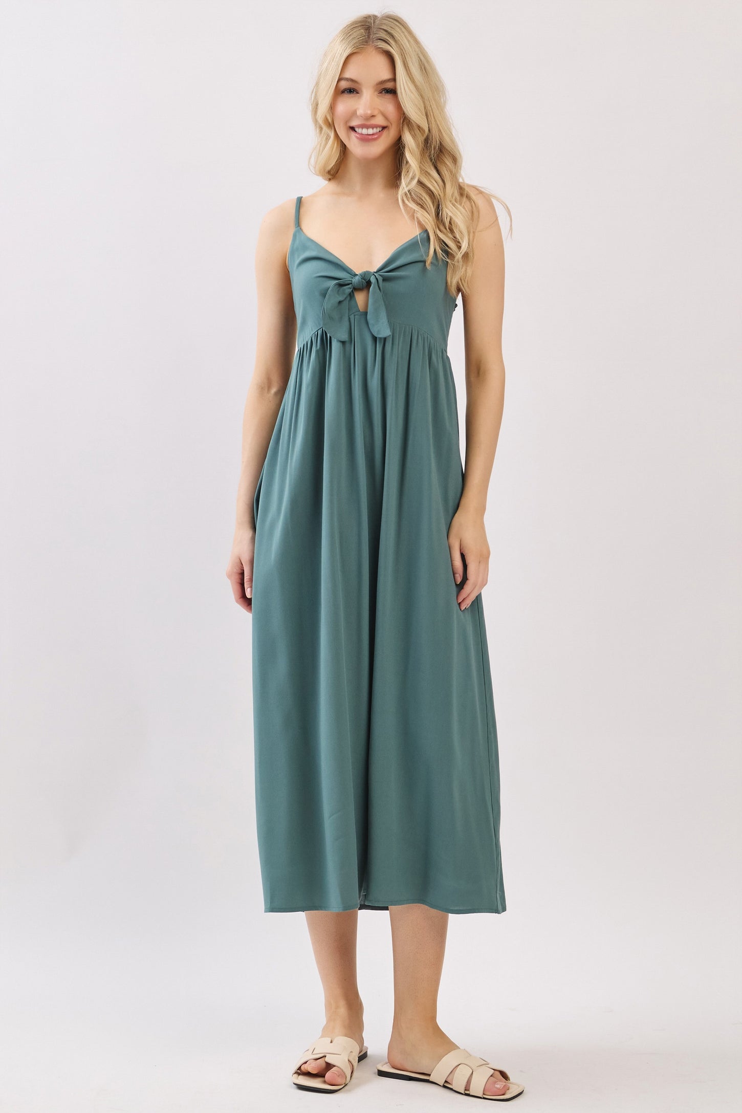 Teal Front Tie Sleeveless Maternity Midi Dress