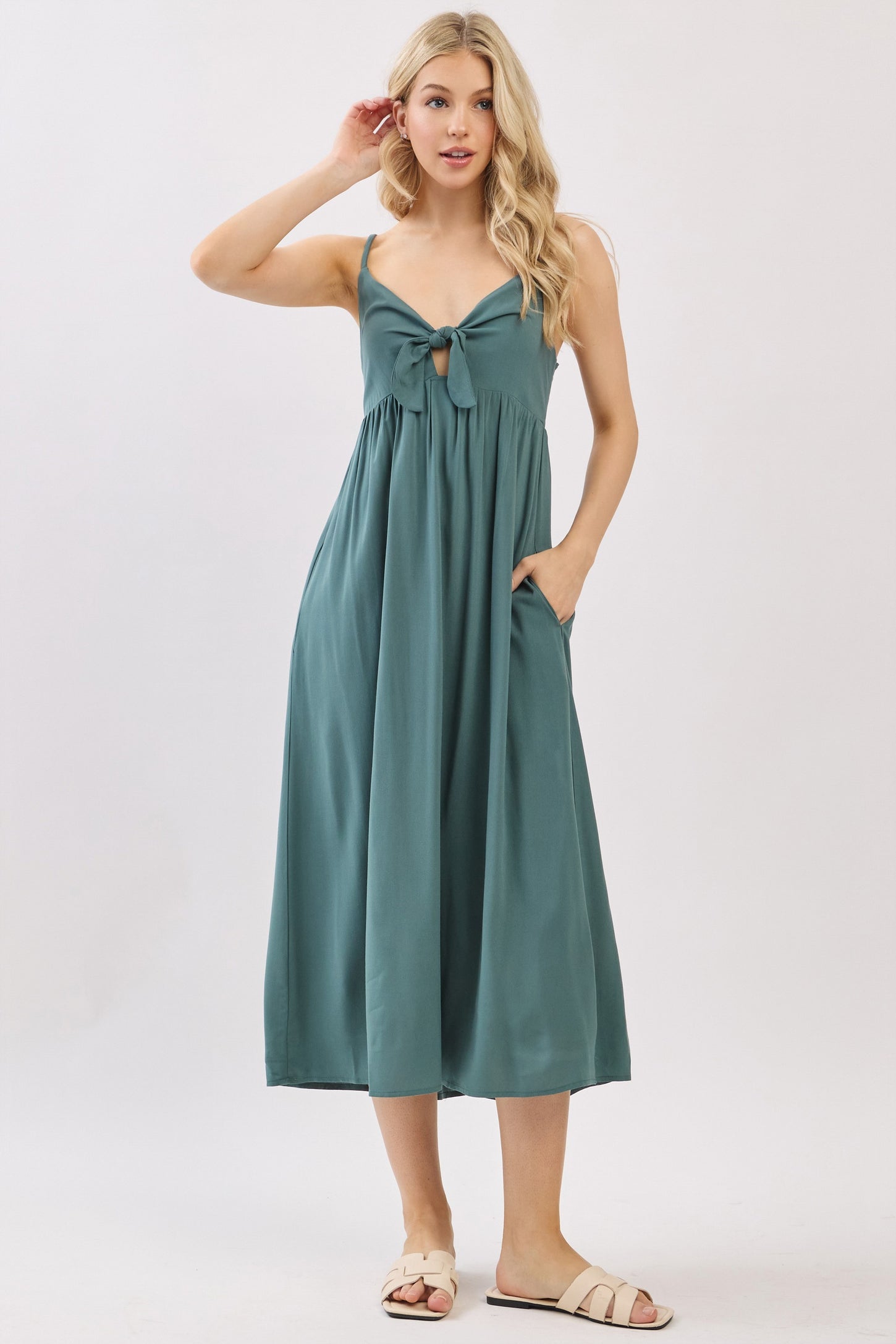 Teal Front Tie Sleeveless Midi Dress