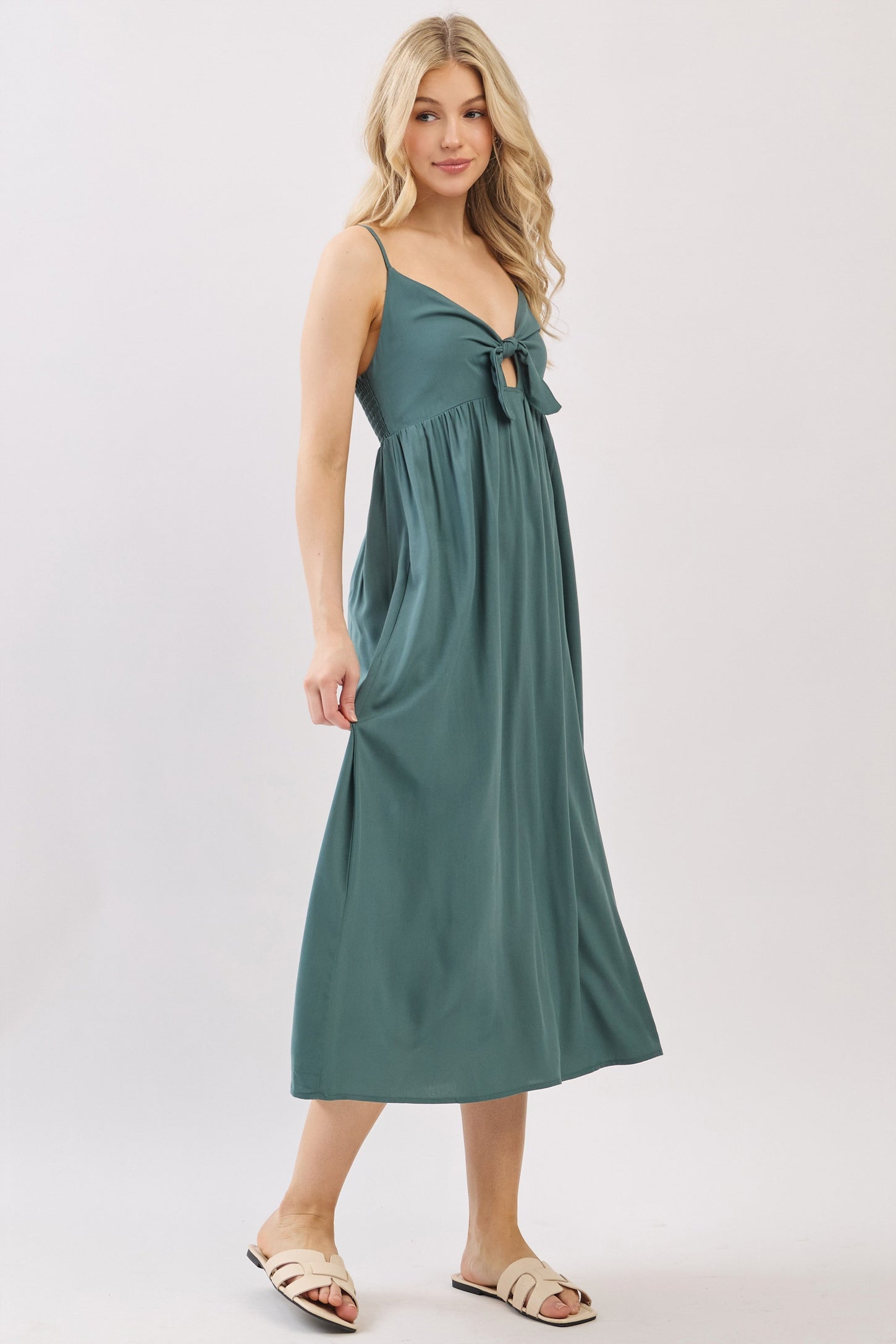 Teal Front Tie Sleeveless Midi Dress