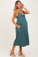 Teal Front Tie Sleeveless Maternity Midi Dress