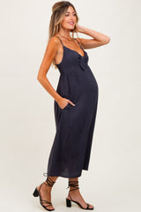 Navy Front Tie Sleeveless Maternity Midi Dress