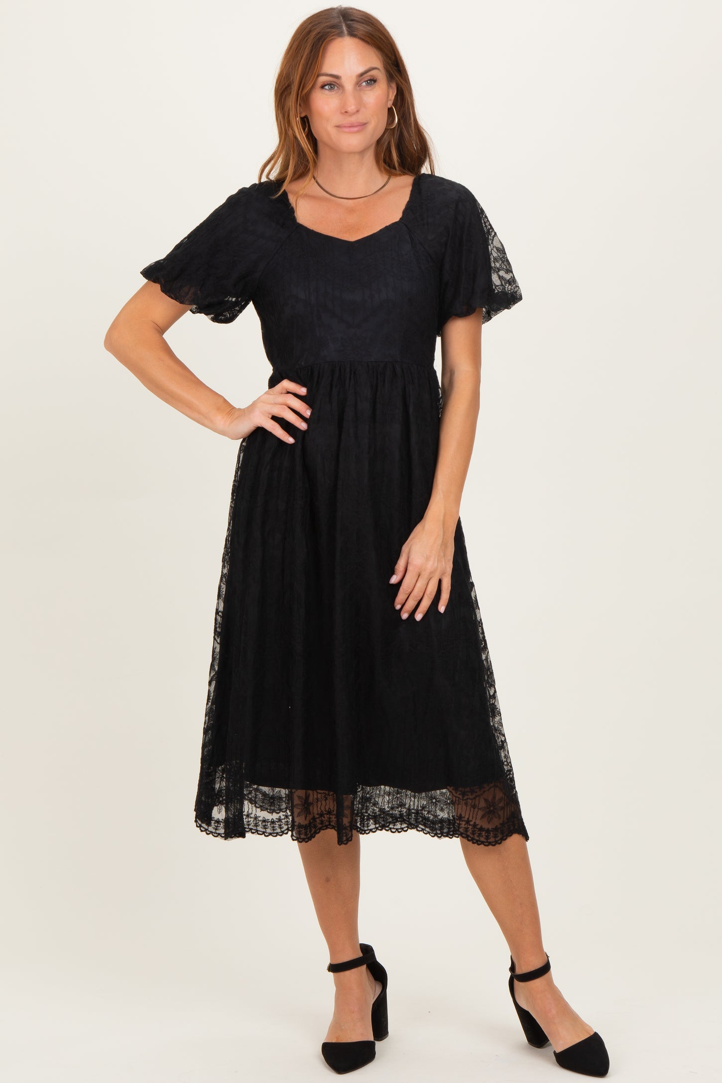 Black Lace Sweetheart Neck Short Sleeve Midi Dress PinkBlush Black Lace Sweetheart Neck Short Sleeve Midi Dress PinkBlush