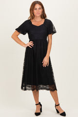 Black Lace Sweetheart Neck Short Sleeve Midi Dress