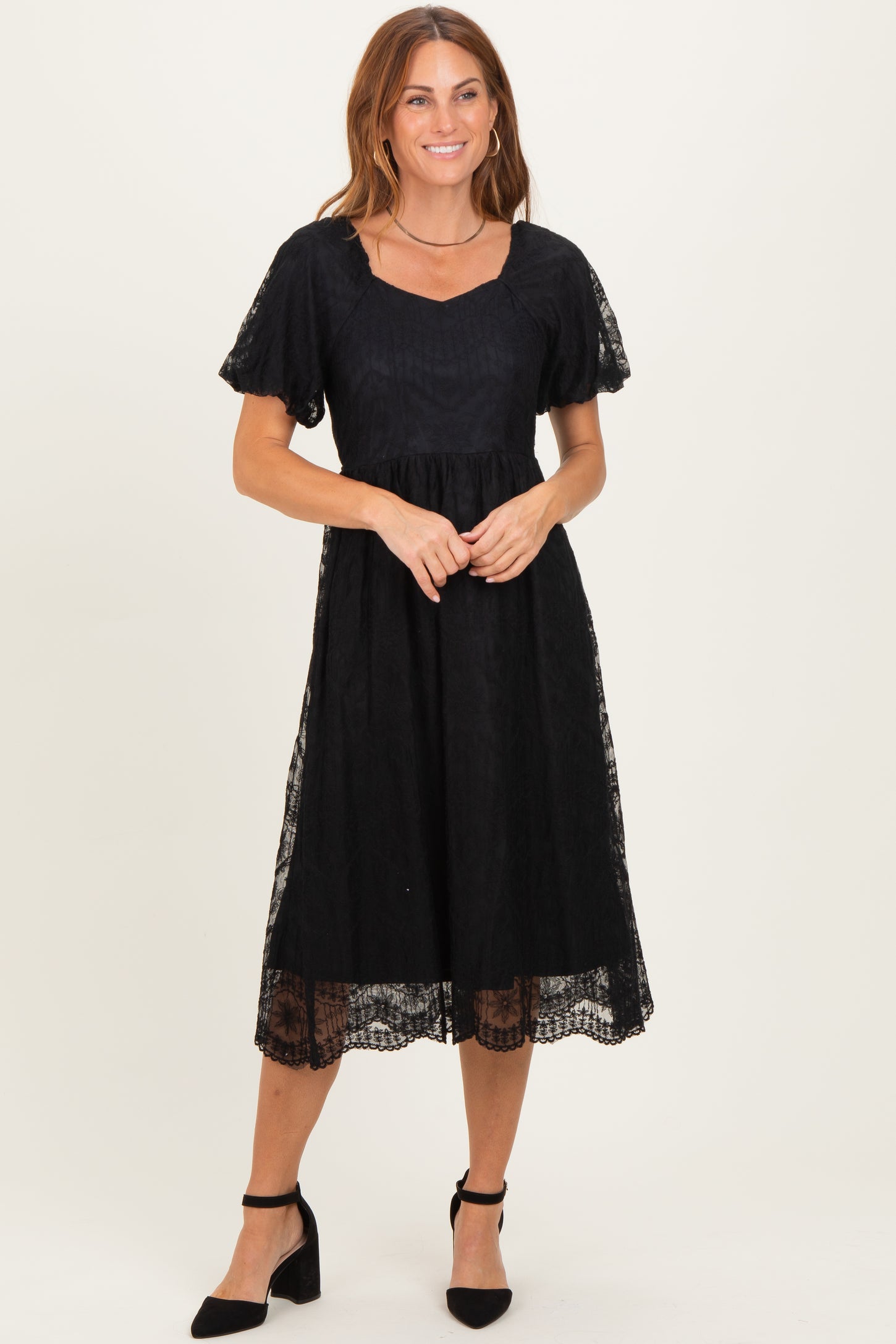 Black Lace Sweetheart Neck Short Sleeve Midi Dress PinkBlush Black Lace Sweetheart Neck Short Sleeve Midi Dress PinkBlush