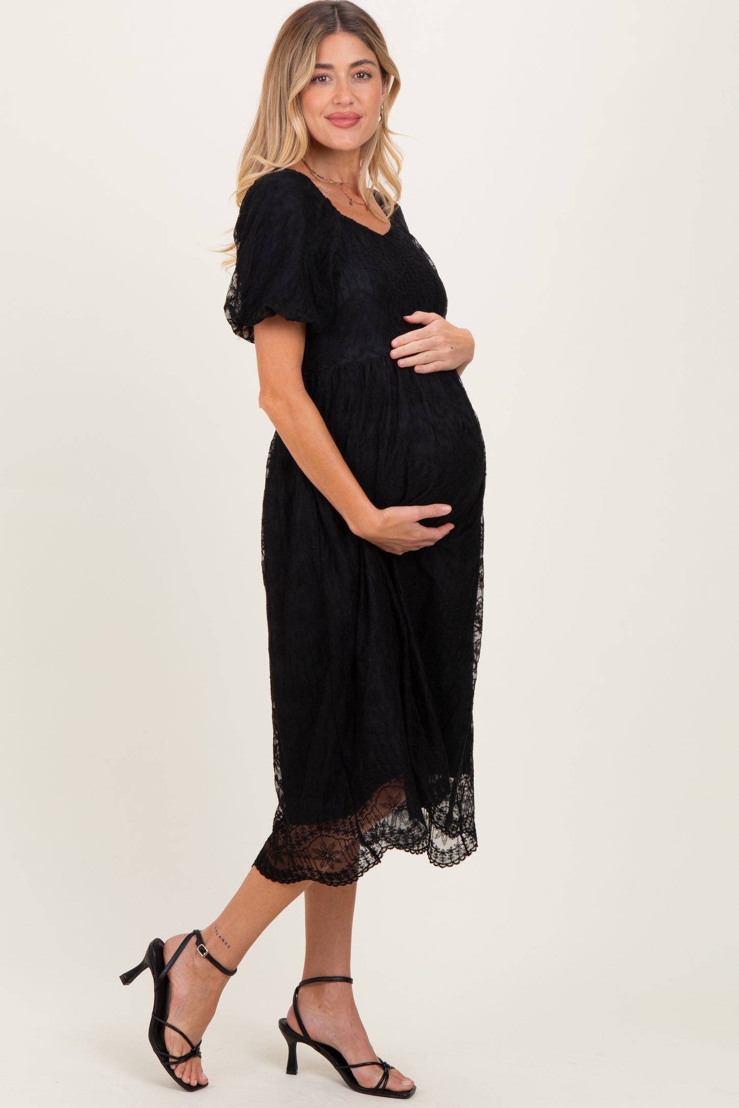 Black Lace Sweetheart Neck Short Sleeve Maternity Midi Dress