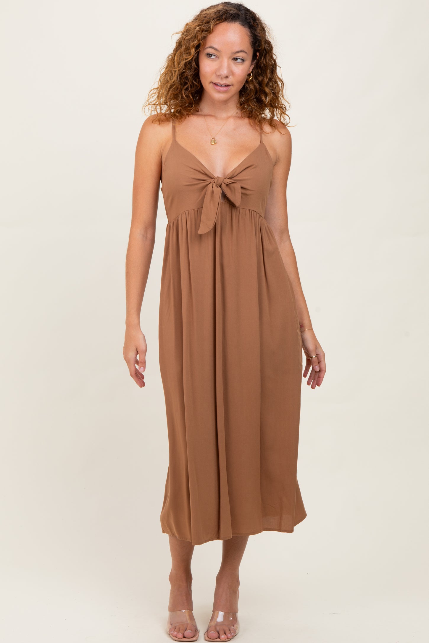 Camel Front Tie Sleeveless Midi Dress