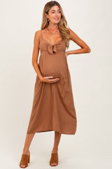 Camel Front Tie Sleeveless Maternity Midi Dress