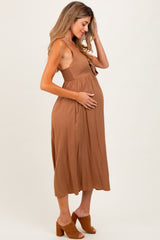 Camel Front Tie Sleeveless Maternity Midi Dress