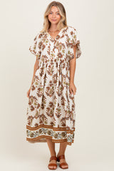 Mocha Floral V-Neck Button Detail Mid Dress