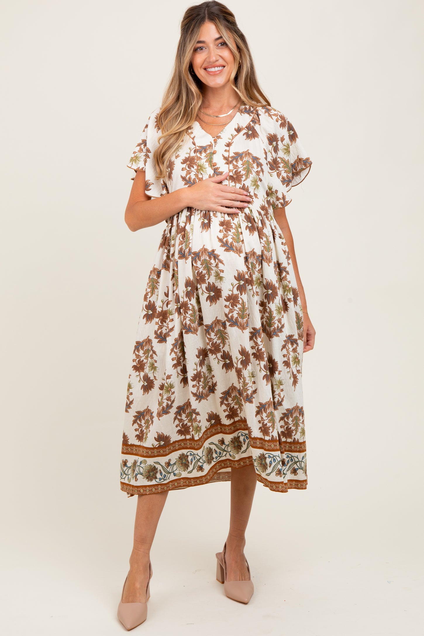 Mocha Floral V-Neck Button Detail Maternity Mid Dress