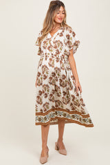 Mocha Floral V-Neck Button Detail Maternity Mid Dress