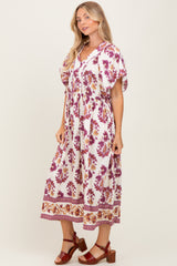 Plum Floral V-Neck Button Detail Mid Dress