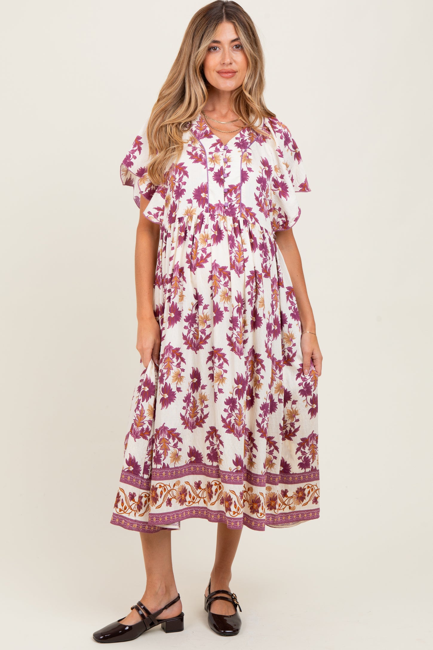 Plum Floral V-Neck Button Detail Maternity Mid Dress