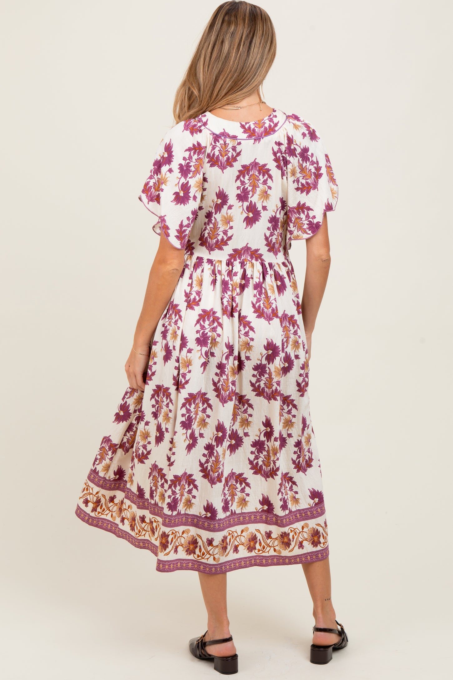 Plum Floral V-Neck Button Detail Maternity Mid Dress