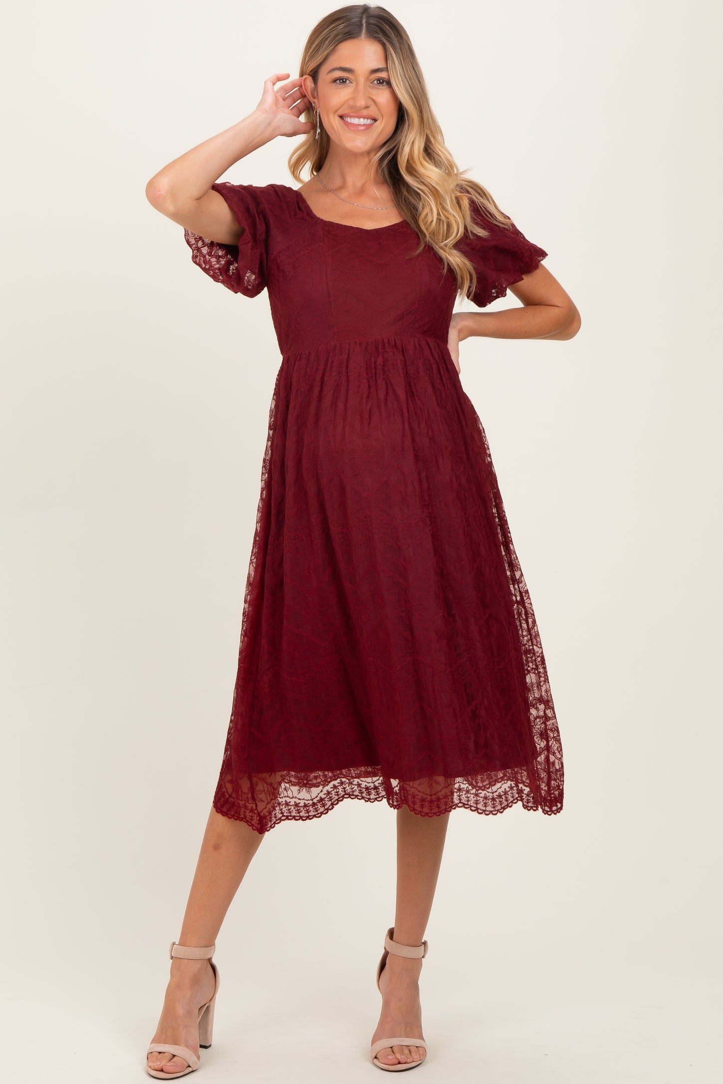 Burgundy Lace Sweetheart Neck Short Sleeve Maternity Midi Dress PinkBlush Burgundy Lace Sweetheart Neck Short Sleeve Maternity Midi Dress PinkBlush