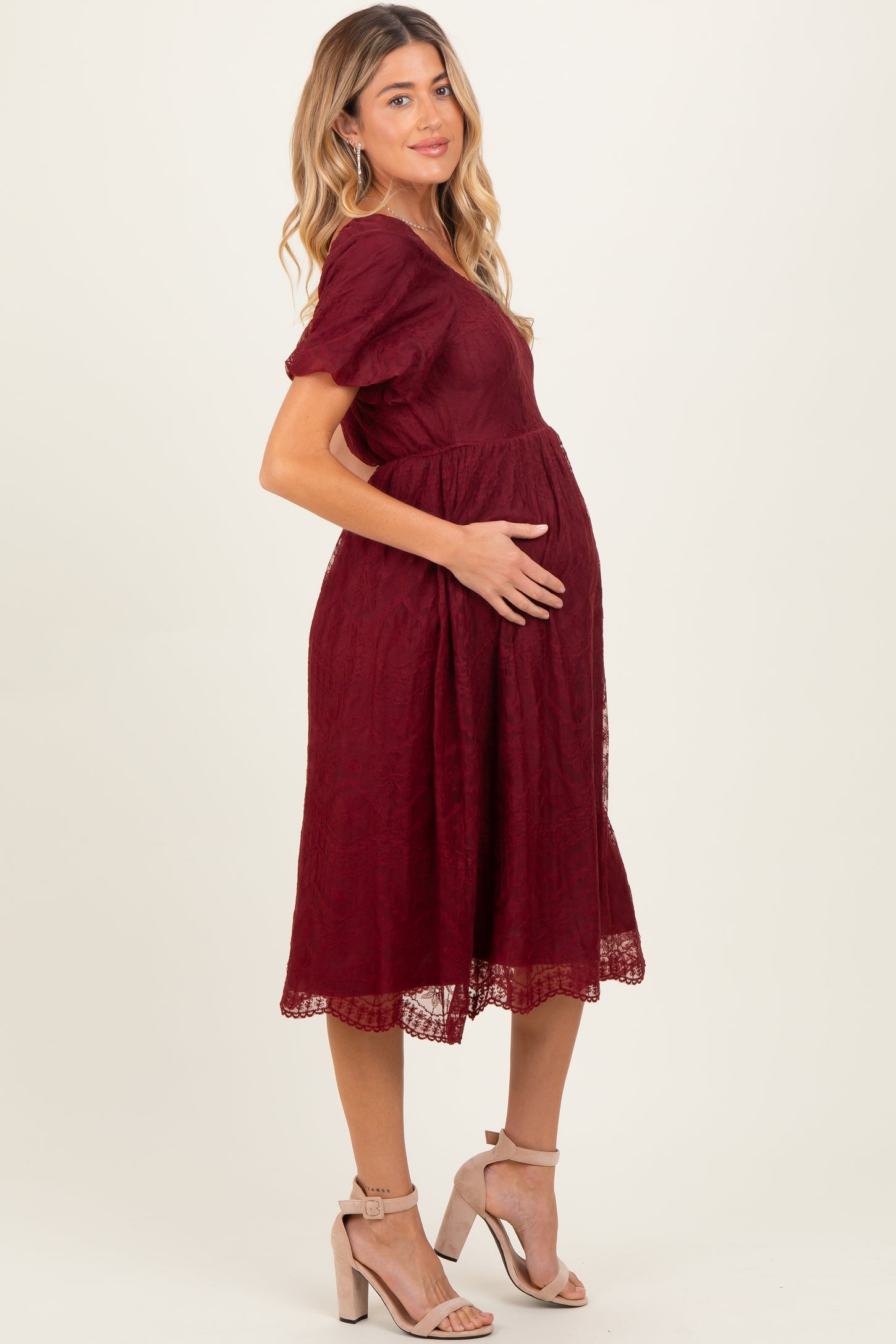 Burgundy Lace Sweetheart Neck Short Sleeve Maternity Midi Dress PinkBlush Burgundy Lace Sweetheart Neck Short Sleeve Maternity Midi Dress PinkBlush