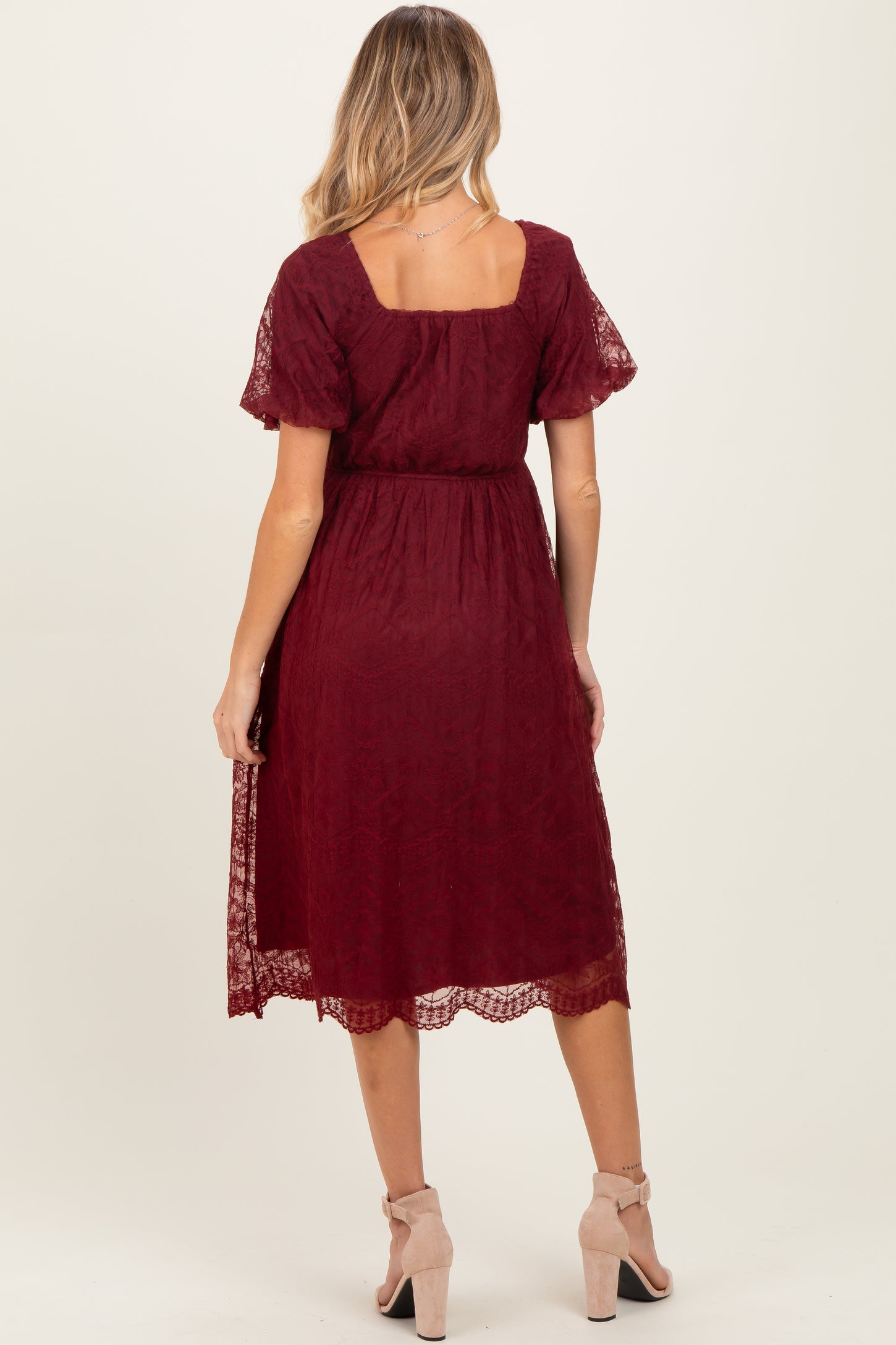 Burgundy Lace Sweetheart Neck Short Sleeve Maternity Midi Dress Burgundy Lace Sweetheart Neck Short Sleeve Maternity Midi Dress