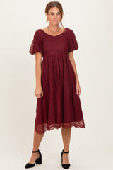 Burgundy Lace Sweetheart Neck Short Sleeve Maternity Midi Dress